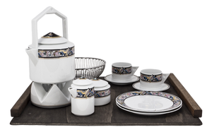 Art Deco Cantana Najade Tête-À-Tête for Two on Wooden Tray from Fürstenberg and Alessi, 1980s, Set of 14