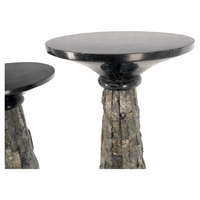 Stone Pair of Polished & Rough Stone Tiles Cone Shape Non Matching Pair of Pedestals For Sale - Image 7 of 12