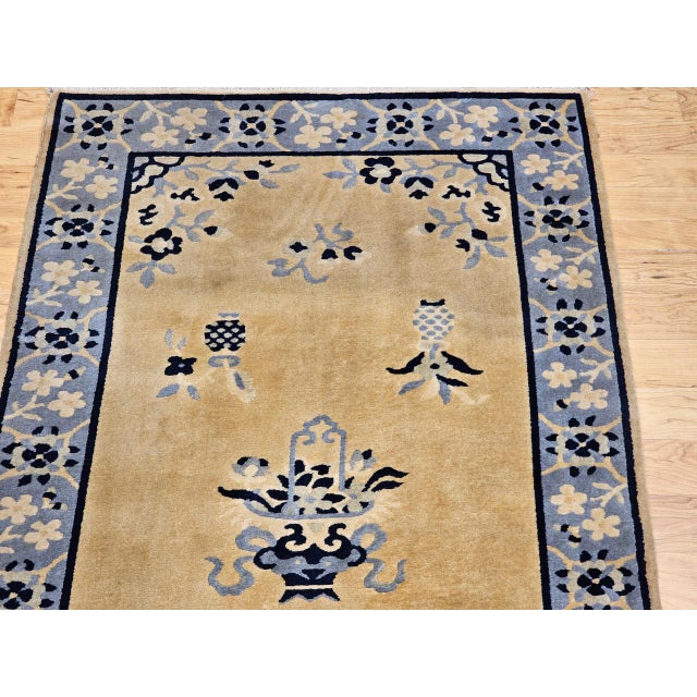 Vintage Chinese Art Deco Rug, Hand-Knotted Wool, Tan & Blue, 1900s, 4' x 7' For Sale - Image 9 of 14