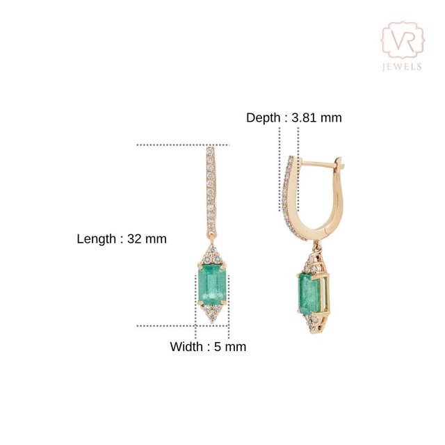 Art Deco 1.96ct Emerald Diamond Huggie Drop Earrings in 14k Yellow Gold- A Pair For Sale - Image 11 of 16