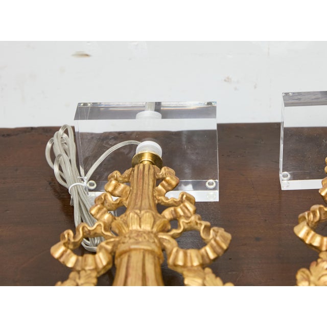 19th Century French Giltwood Floral Fragments Made into Lamps on Custom Lucite Bases - a Pair For Sale - Image 4 of 12