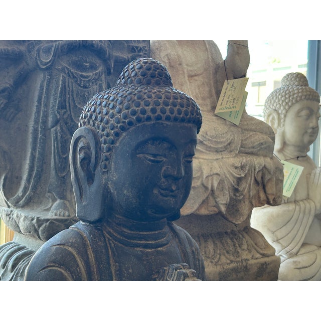 24" Distressed Black Brown Cross Legs Peaceful Hands Stone Buddha Statue For Sale - Image 13 of 13