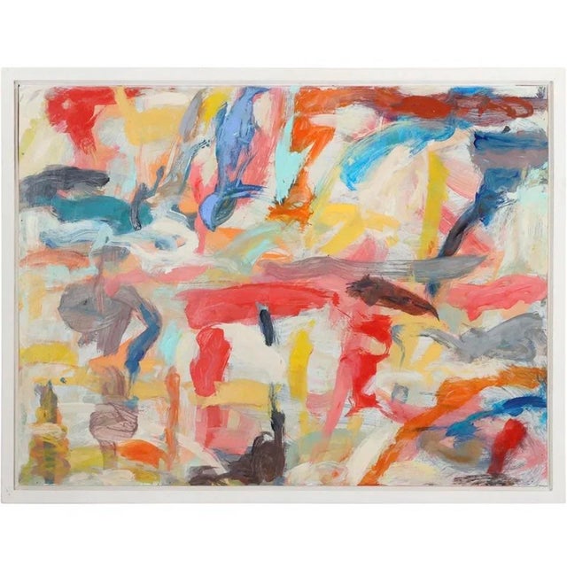 Fabulous Abstract Oil Painting by Listed American Artist Steven Jennis. Colorful Busy Composition on Board behind Glass....