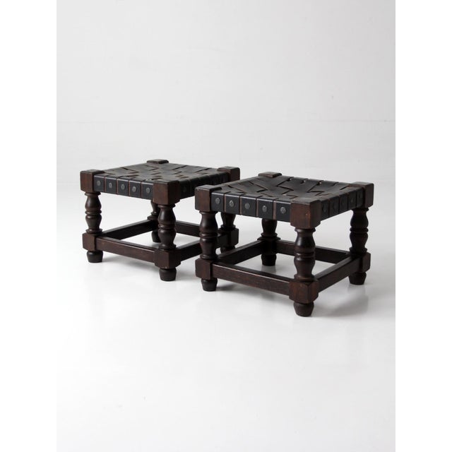 Black Mid-Century Spanish Revival Leather Strap Stools Pair For Sale - Image 8 of 15