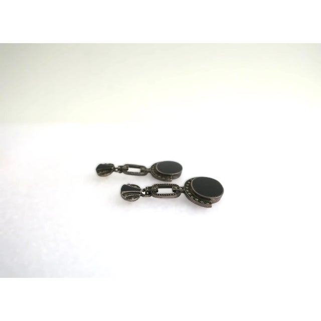 Black Black Onyx Sterling Silver Art Deco Dangle Earrings, Pair, Pierced, Circa Late-20th Century For Sale - Image 8 of 12