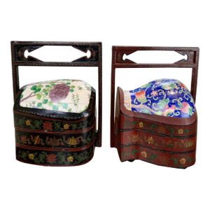 Antique Chinese Lacquered Stacked Lunch Box With Porcelain Inset—A Pair