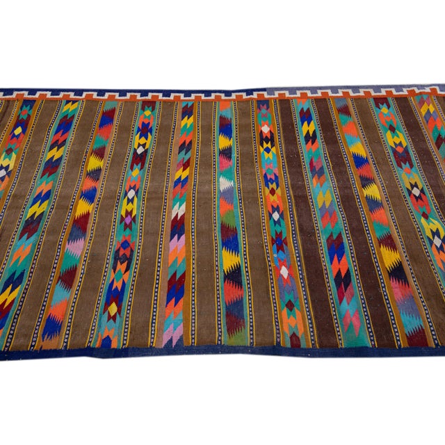 1960s Brown Vintage Kilim Handmade Flatweave Geometric Motif Wool Runner For Sale - Image 5 of 11