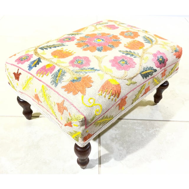 Antique Suzani Embroidered Footstool – Silk Hand-Stitched Needlepoint For Sale - Image 11 of 15