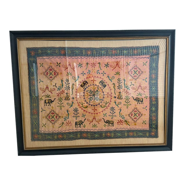 Indian Embroidered Silk Camel & Elephant Ceremonial Textile Panel in Acrylic Frame, Late 19th Century For Sale