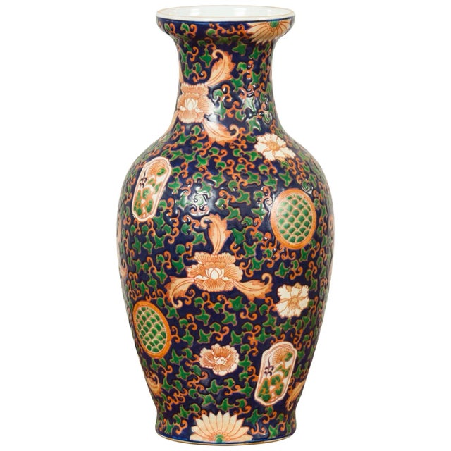 Chinese Contemporary Hand Painted Vase with Cobalt Blue Ground and Floral Decor For Sale - Image 13 of 13