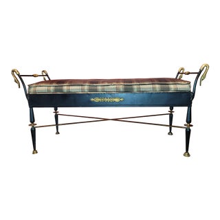 1960s Neoclassical Style Black Iron and Brass Swan Head Bench For Sale
