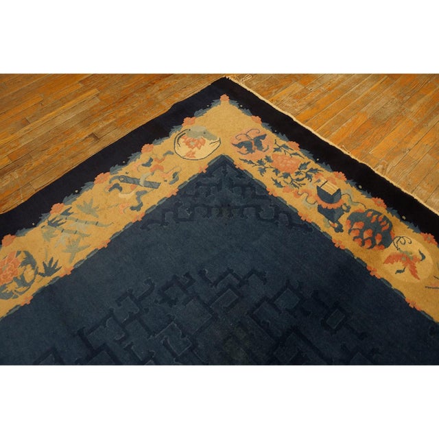 1920s Blue Ground Geometric Antique Chinese Peking Rug 6'10" X11'8" Wool Carpet For Sale - Image 4 of 11