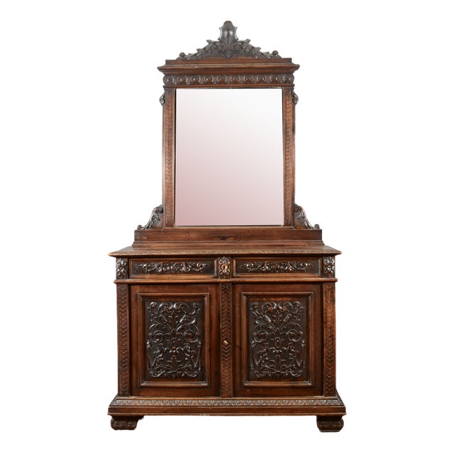 Antique Italian Credenza with Mirror in Carved Walnut, 1800s For Sale