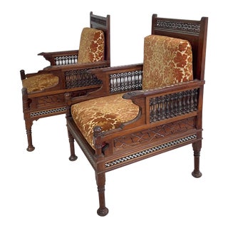 Vintage Mid Century Moorish Inlaid Arm Chairs - a Pair For Sale