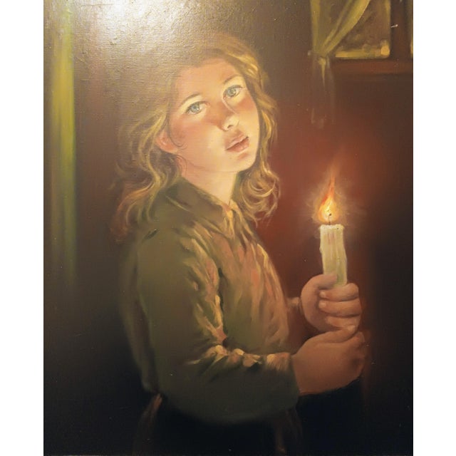 Vintage oil on canvass of beautiful young girl with a candle A captivating vintage oil on canvass painting of a young...