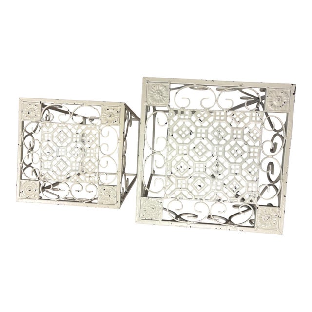Pair of Vintage Indoor/Outdoor Hollywood Regency Graduated Metal Plant Stands, Distressed Ivory Scrollwork For Sale - Image 9 of 10