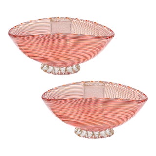Murano Dino Martens Vintage Red Orange White Ribbons Gold Leaf Italian Art Glass Candle Holders - A Pair For Sale
