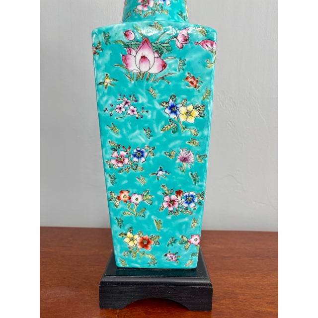 Ceramic 1950s Chinese Turquoise Glazed Porcelain Vase Lamp With Hand-Painted Floral Design For Sale - Image 7 of 7