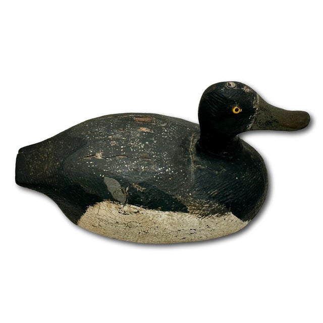 Very Nice Large Size Antique American Hand Carved & Painted Wood Duck Hunters Working Decoy With Glass Eyes For Sale - Image 9 of 18