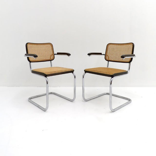 wonderful examples of the 1980 dining chairs Model S64 by Marcel Breuer for Thonet, tubular steel with coffee brown wood...