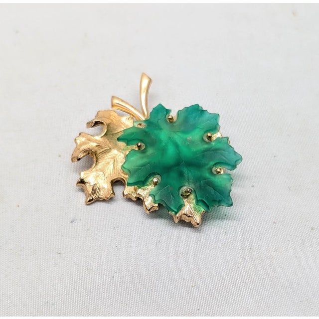 Mid-Century Modern Vintage Signed Napier Goldtone Over Sterling & Green Glass Leaves Brooch For Sale - Image 3 of 6