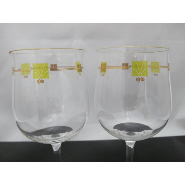 Mid 20th Century MCM Mid Century Modern Gold & Green Enamel Crystal Wine Glass Goblet Pair For Sale - Image 5 of 8