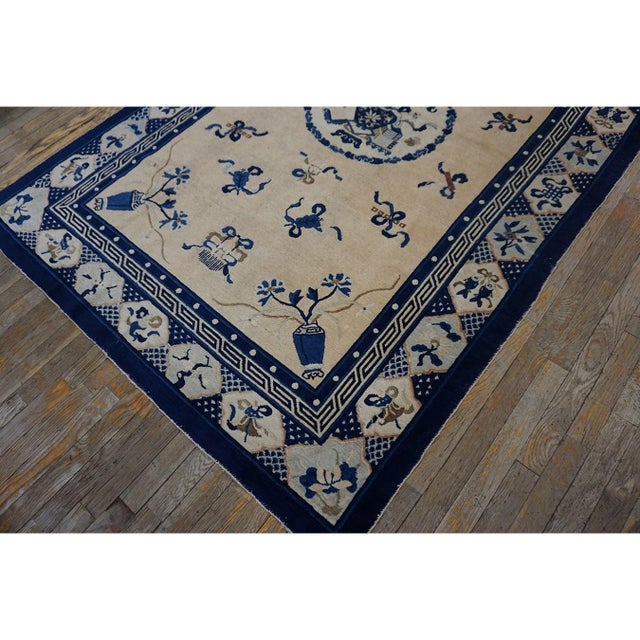 1890s Beige Classic Greek Key Vase Antique Chinese Peking Small Knotted Wool Rug For Sale In New York - Image 6 of 8