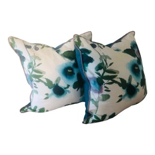 Thibaut Open Spaces Teal Blue Purple & Sunbrella Dupione Abstract Floral Pillow Covers- a Pair For Sale