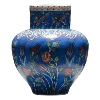 Handmade Ceramic Large Iznik Vase (Monumental Size) Cobalt Blue Background Floral For Sale