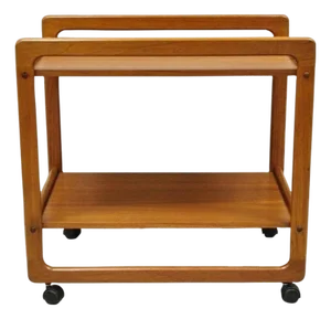 Vintage Mid Century Danish Modern Teak Wood 2 Tier Rolling Bar Cart Side Table