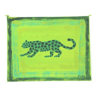 Leopard With Border Green Minimalism Abstract Shabby Chic Tribal Original Painting by Cleo Plowden For Sale