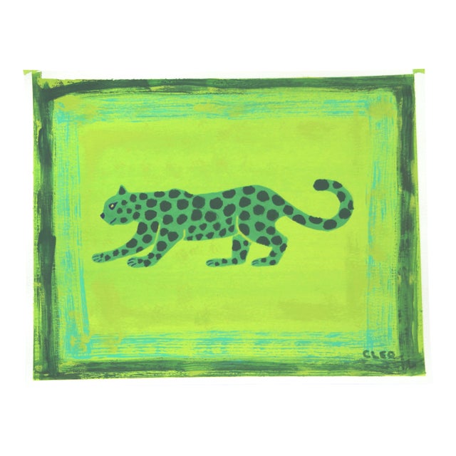 Leopard With Border Green Minimalism Abstract Shabby Chic Tribal Original Painting by Cleo Plowden For Sale