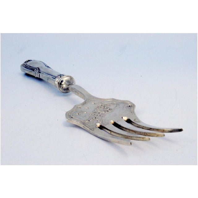 Silver Fish Serving Fork with Four Prongs and Engravings For Sale - Image 6 of 9