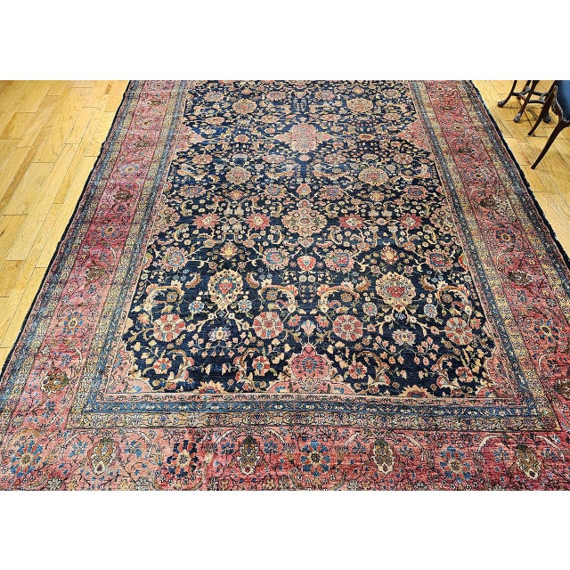 Persian 19th Century Oversized Persian Farahan Sarouk Rug, Hand-Knotted Wool, Allover Geometric Design, Navy & Red, 11x17 For Sale - Image 3 of 16