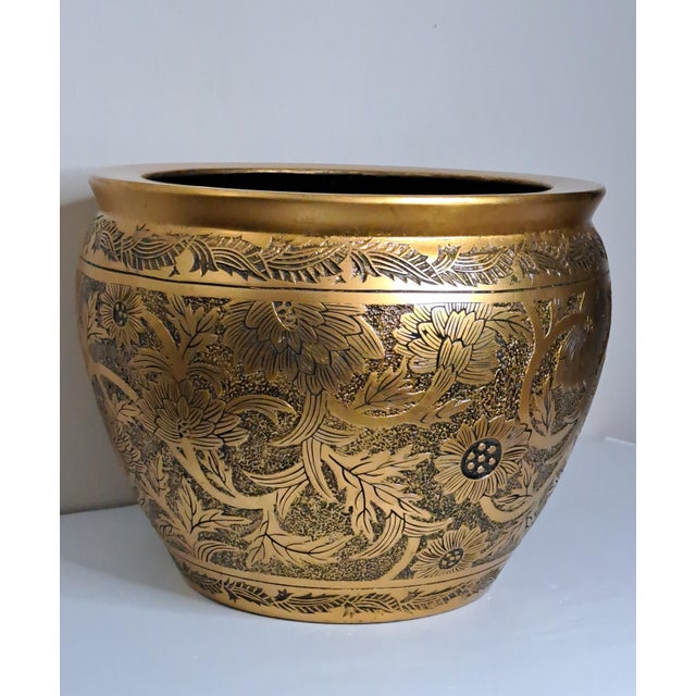 Chinoiserie Large Vintage Chinoiserie Black & Gold Embossed Ceramic Cachepot Planter For Sale - Image 3 of 12