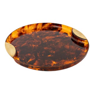 Mid Century Guzzini Faux Tortoiseshell Tray Acrylic and Brass, 1970s For Sale