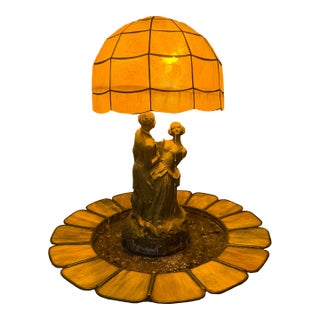 1920s Art Deco Figural Re-Circulating Fountain Lamp - Working Verdigris Spelter Sculpture & Iridescent Natural Capiz Shell Dome Shade For Sale