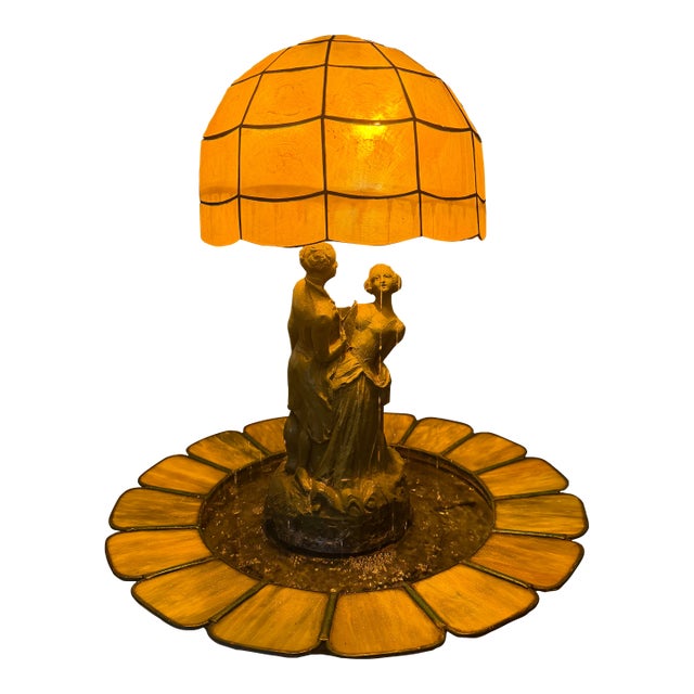 1920s Art Deco Figural Re-Circulating Fountain Lamp - Working Verdigris Spelter Sculpture & Iridescent Natural Capiz Shell Dome Shade For Sale