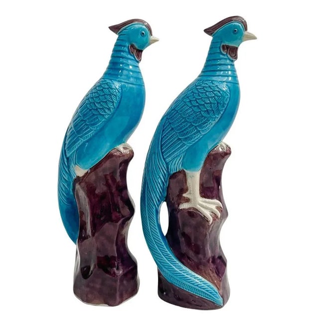 Chinoiserie Early 20th Century Chinese Turquoise Porcelain Perched Phoenix Birds - A Pair For Sale - Image 3 of 10