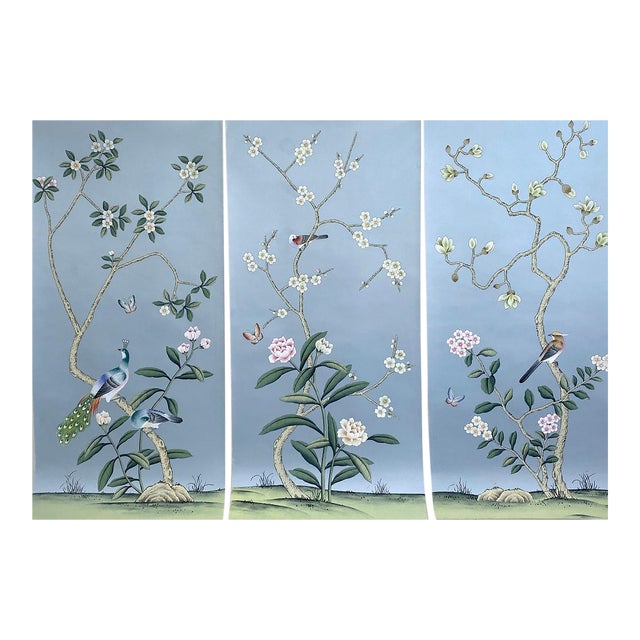 Set of 3 Panels French Blue Hand-Painted Chinoiserie Wallpaper For Sale