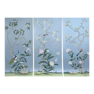 Set of 3 Panels French Blue Hand-Painted Chinoiserie Wallpaper