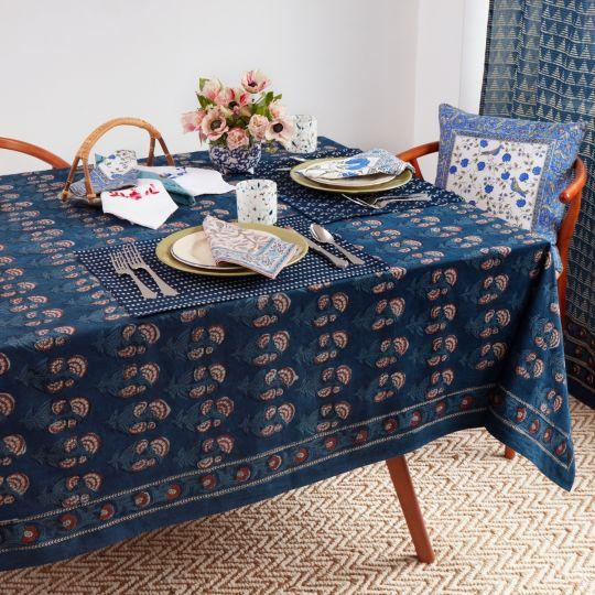 Carnation 12-Seat Indigo/Brick Red Tablecloth For Sale - Image 4 of 8