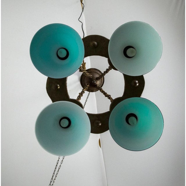 Arts & Crafts Hammered Darkened Metal Chandelier With Green Glass Shades For Sale - Image 11 of 12