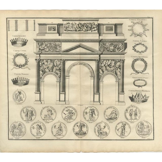 Bernard de Montfaucon, Roman Military Crowns and an Arch of Three Openings, 1722, Engraving For Sale - Image 3 of 8