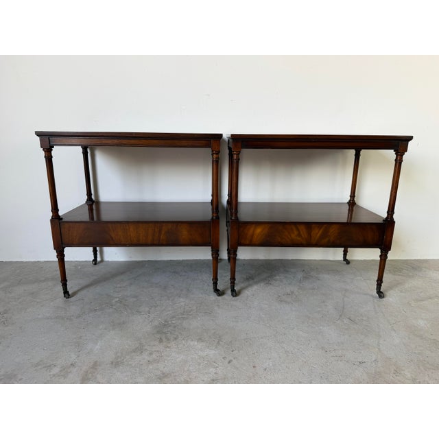 1960’s Vintage Weiman Heirloom Quality Mahogany & Tooled Leather Top Tiered End Tables on Casters – A Pair For Sale - Image 4 of 12