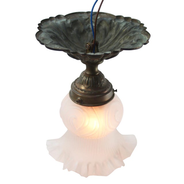 Art Nouveau Ceiling Lamp in Brass and Frosted Glass For Sale - Image 4 of 5