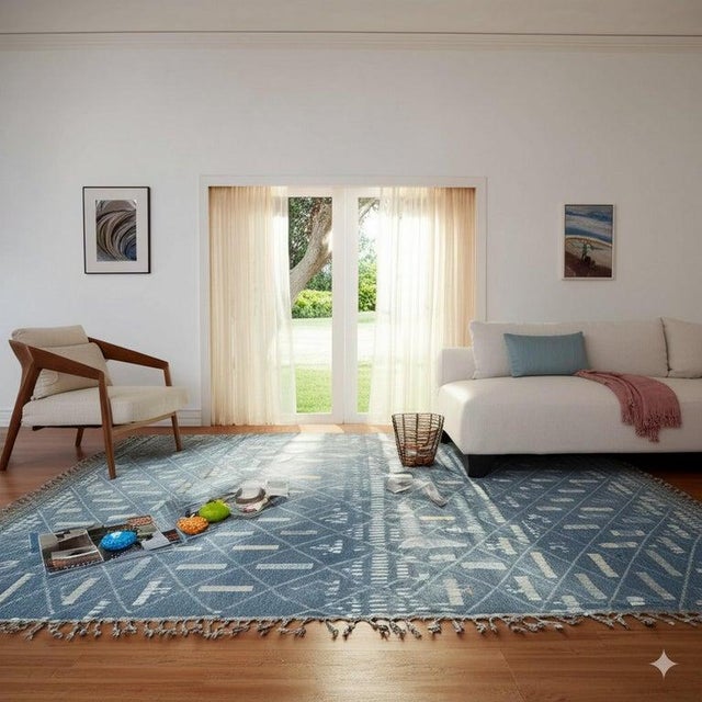 8x12 Blue Hand-Knotted Wool Linear Diamond Grid Tribal Modern Carpet Rug For Sale - Image 4 of 7