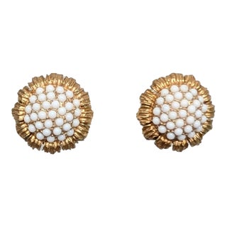 Vintage Signed Hattie Carnegie Goldtone White Cabochons Clip Earrings- 2 Pieces For Sale