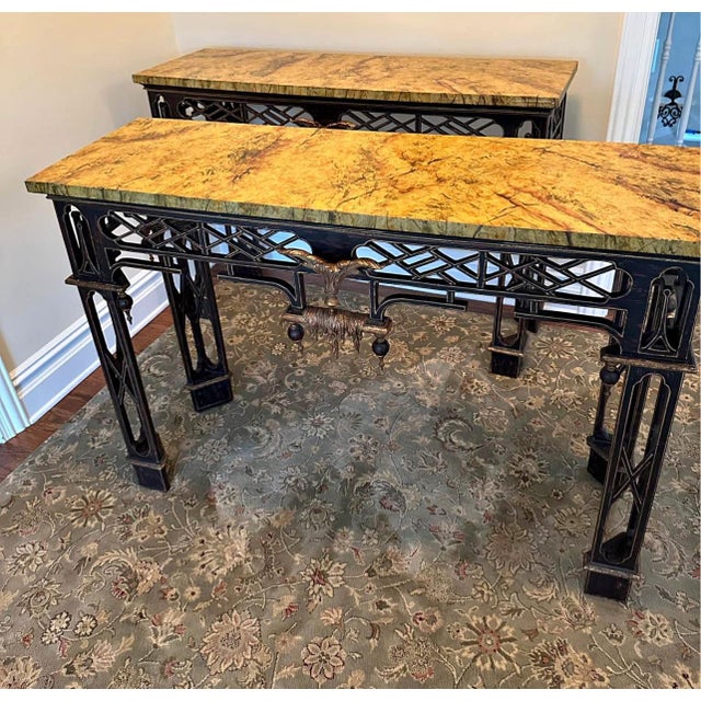 Beautifully designed and painted Chinese Chippendale style faux marble top wooden consoles or sofa tables. Black wooden...