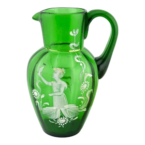 1990s Mary Gregory Green Glass Pitcher – White Enamel Child With Butterfly Victorian Scene